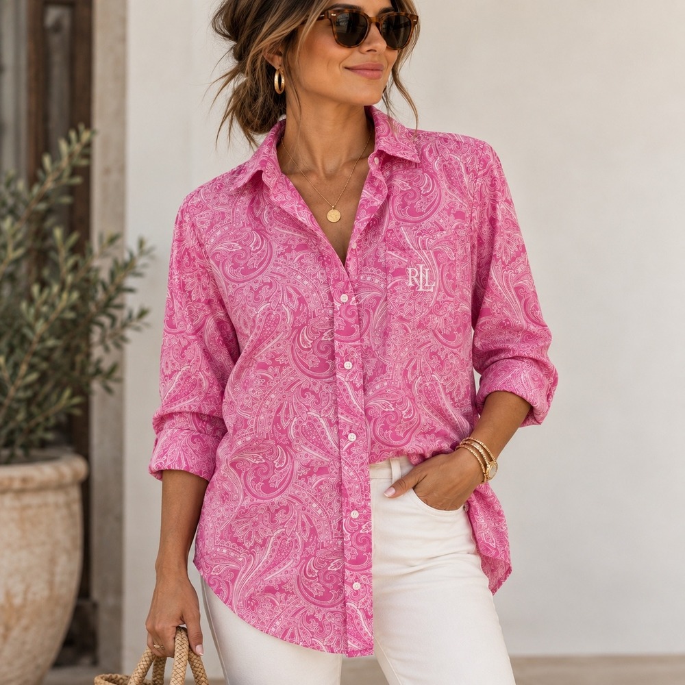 Lauren Ralph Lauren Pink Paisley Button Down Tunic Shirt XS Preppy Coastal